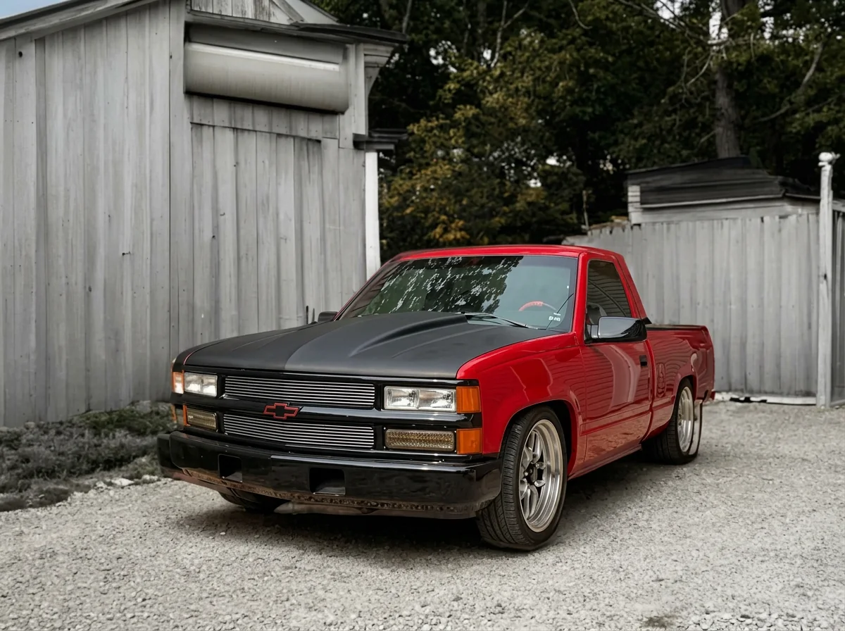 Red and matte black two-tone truck wrap by RAD Wrapz Garage