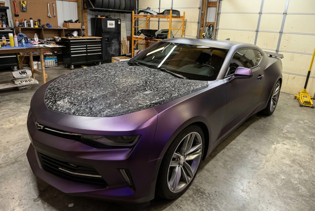 Purple color-shift satin wrap on a Chevrolet Camaro by RAD Wrapz Garage