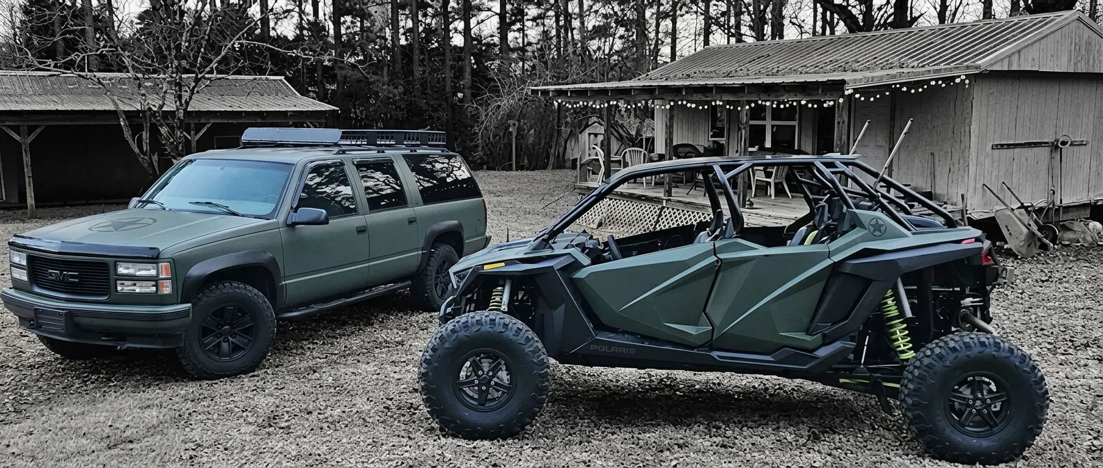 Matte military green wrap on an SUV and side-by-side in Central Arkansas