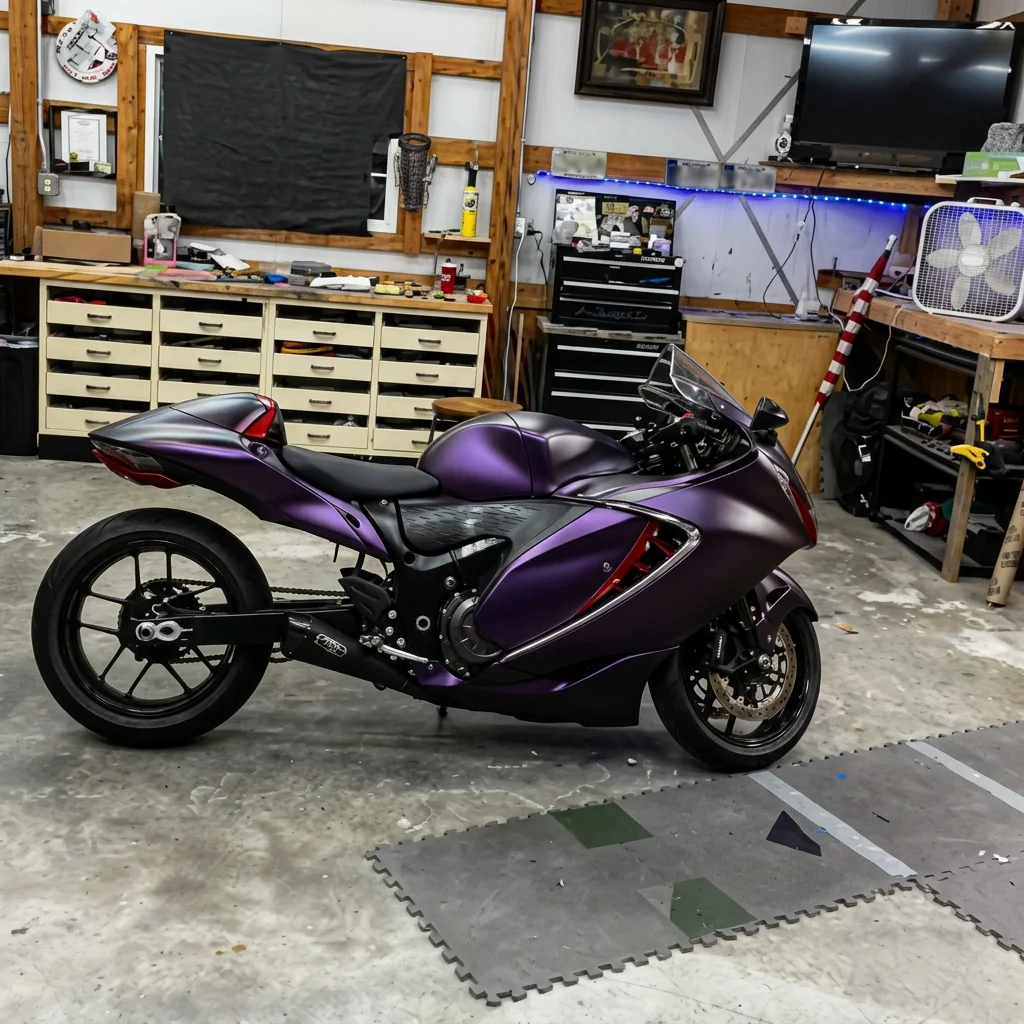 Purple color-shift motorcycle wrap on a Suzuki Hayabusa in Conway AR