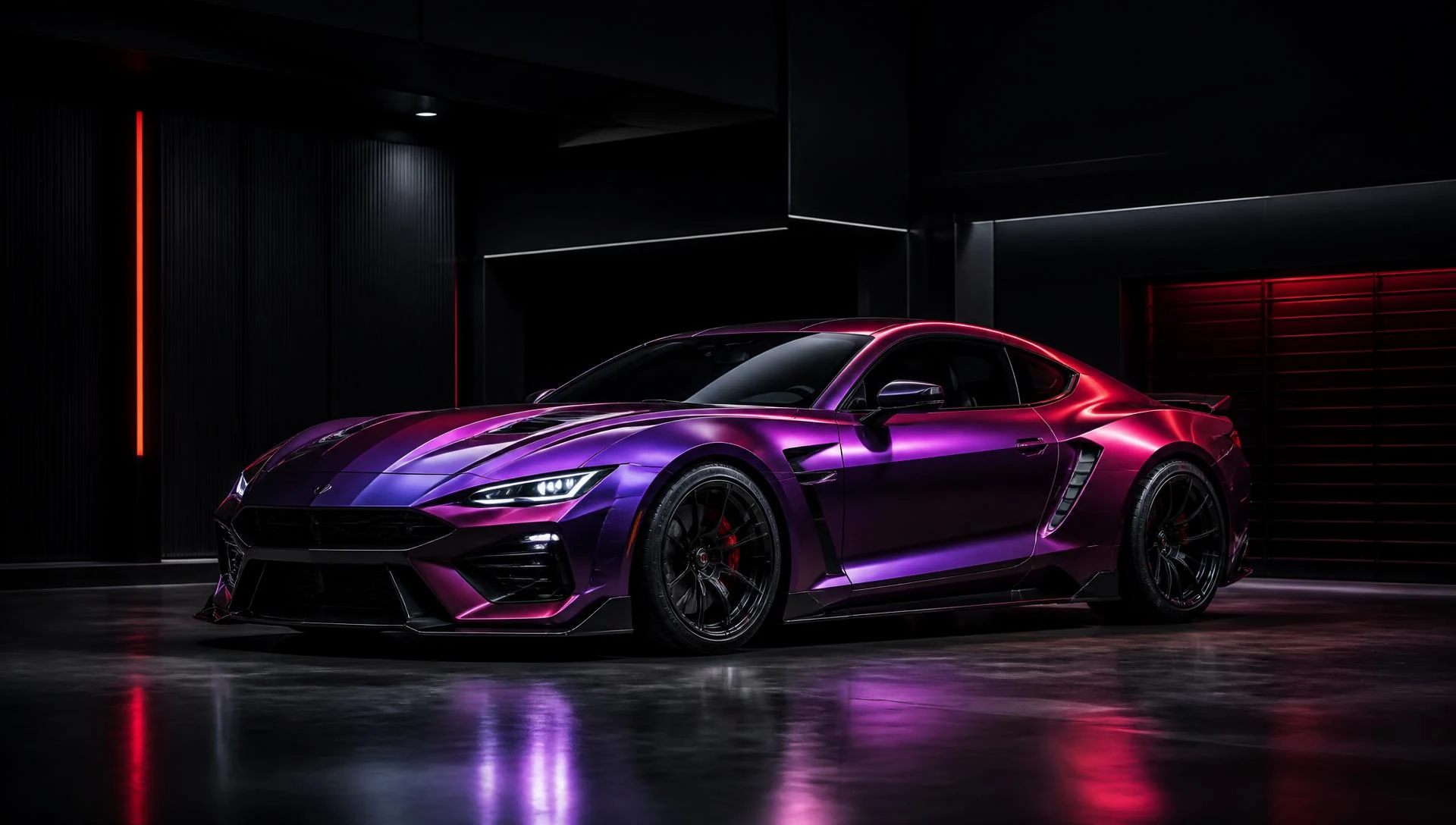 Unbranded widebody sports car in a purple-to-magenta color-shift wrap inside a cinematic garage, shown as desaturated factory paint